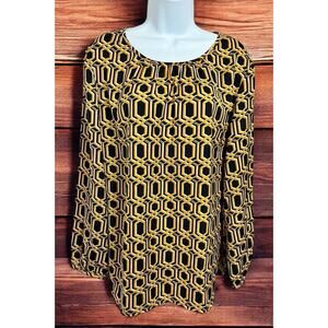 Croft & Barrow Blouse Sz XL Long-Sleeves Geometric Print Black Gold Top Loose